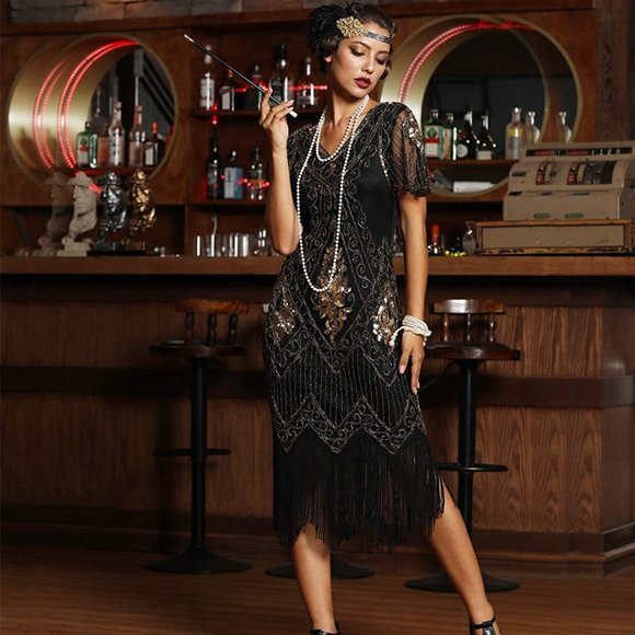 PrettyGuide Dresses & Skirts - Women's Sequin Art Deco Flapper Dress with Sleeve